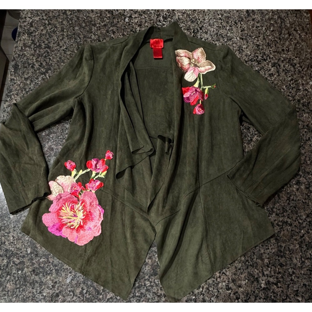 V Cristina Womens Olive Green Faux Suede Floral Embroidered Drape Jacket Large
